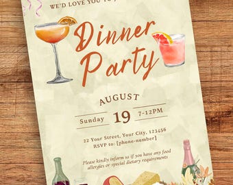 Editable Dinner Party Invitation Template: Canva Theme Party Invite (Digital Download)