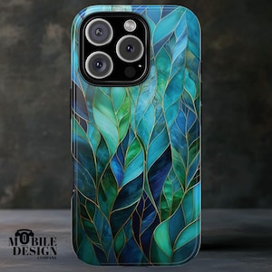 Stained Glass Style Blatt Handyhülle, Green Leaves Case für iPhone 16 15 14 13 12 Pro Max, Samsung Galaxy S25 S24 S23 Ultra, Pixel 9 8, Geschenk