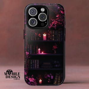 ゴシック パープル ブックシェルフ フォンケース、ゴス ダーク アカデミア ブック ウィッチ カバー、iPhone 16 15 14 Pro Max、Samsung Galaxy S24 S23 Ultra、Pixel 9用
