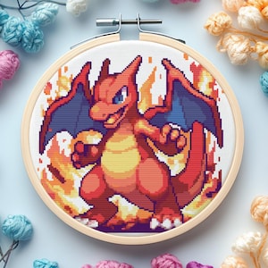 Süßes Glurak digitales Kreuzstichmuster PDF-Datei | Niedliches Cartoon-Design | Sofortiger Download, Baby, Kind, Dekor, Kawaii, Junge, Drache, Flammen