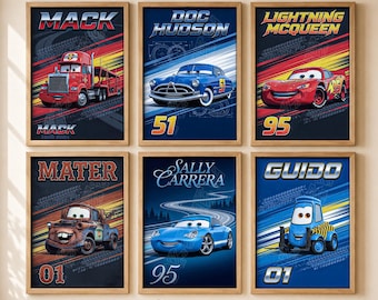 May include: Six framed wall art prints featuring characters from the movie Cars, including Mack, Doc Hudson, Lightning McQueen, Mater, Sally Carrera, and Guido. Each poster displays the character name, racing number, and dynamic background graphics.