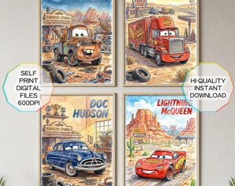 4 Watercolor Hand-Drawing Lightning McQueen Posters - Cars Wall Bundle Art, Nursery Decor, Playroom Decoration, Gift for Boy