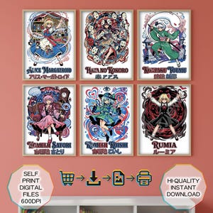 May include: Six framed anime art prints featuring colorful illustrations of anime characters. Each print has a unique character design with Japanese text. The prints are displayed on a pink wall. The bottom left corner has text that says "SELF PRINT DIGITAL FILES 600DPI".