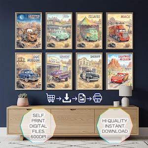 May include: Eight framed watercolor prints featuring characters from the movie Cars, including Mater, Flo, Fillmore, Mack, Doc Hudson, Ramone, Sheriff, and Lightning McQueen. The prints are displayed on a wooden cabinet against a dark blue wall.
