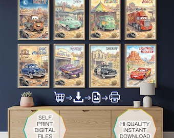 8 Watercolor Lightning McQueen Posters - Cars Wall Bundle Art, Hand-Drawing, Nursery Decor, Playroom Decoration, Gift for Boy, Download
