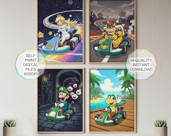Set di 4 poster di Mario Kart - Decorazioni murali, videogiochi retrò, decorazioni per la sala giochi, stampe per la cameretta dei bambini