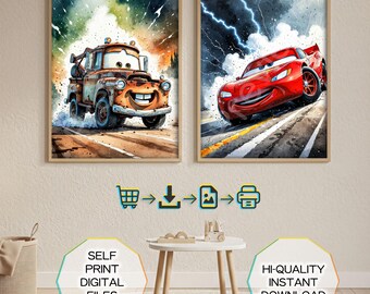 Watercolor Cars Poster, Hand-Drawing Lightning McQueen Posters Bundle, Wall Art Cars, Nursery Decor, Playroom Decoration, Gift for Boy