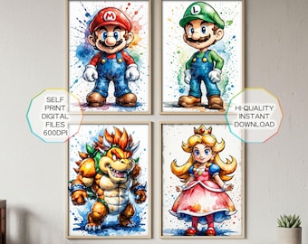 Printable Set of 9, Plumber Wall Art, Video game poster, Digital Download