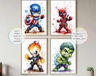 4 Watercolor Superheroes Prints - Baby Hero Posters, Gift for Boys, Playroom Decoration, Nursery Avengers Prints, Digital Download, Drawing