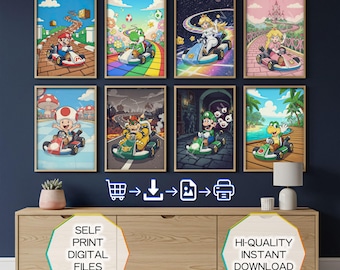 Mario kart poster, printable Gaming wall art, Set of 8 watercolor poster digital download