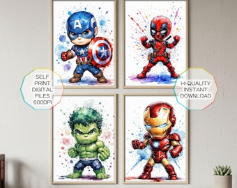 3 Drawing Superheroes Prints for Kids, Avengers Posters Room, Gift for Boys (Digital Download)