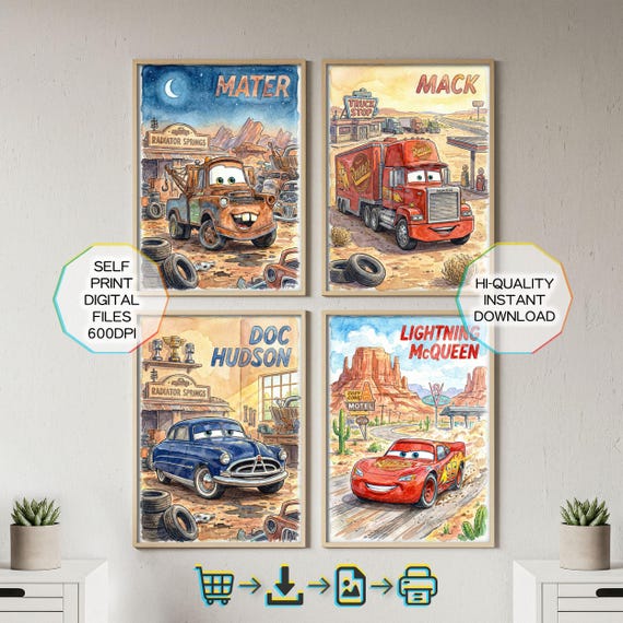 4 Watercolor Hand-Drawing Lightning McQueen Posters - Cars Wall Bundle Art, Nursery Decor, Playroom Decoration, Gift for Boy