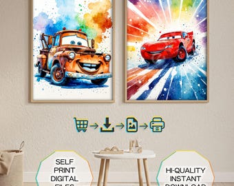 Cars Watercolor Poster Set, Hand-Drawing Lightning McQueen Posters Bundle, Wall Art Cars, Nursery Decor, Playroom Decoration, Gift for Boy