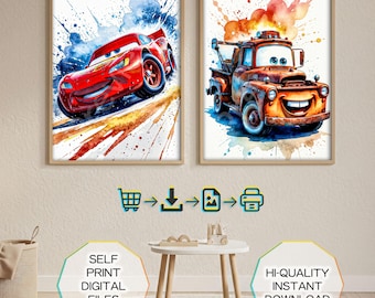 Watercolor Cars Poster, Hand-Drawing Lightning McQueen Posters Bundle, Wall Art Cars, Nursery Decor, Playroom Decoration, Gift for Boy