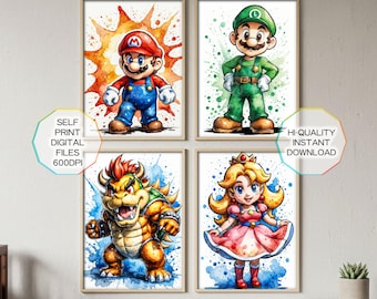 Watercolor Super Mario Bros Prints, Kids Room Wall Art (Digital Download)