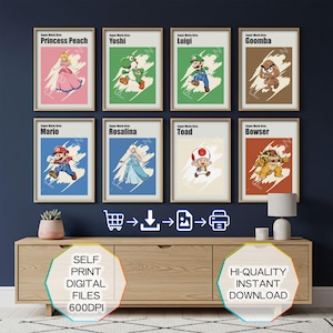 Mario & Friends Kinderzimmer Drucke, 8er Set Minimal Spiel Wand Kunst (Digitaler Download)