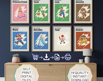 Mario & Friends Kids Room Prints, Set of 8 Minimal Game Wall Art (Digital Download)