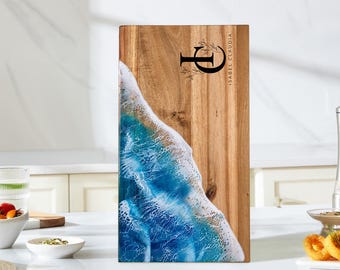 Personalized Acacia Wood Ocean Wave Rustic Epoxy Resin Platter, Handmade Cutting Board, Gift for Birthday, Weddings, Anniversary, Her or Him