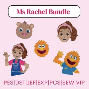 Può includere: Una collezione di toppe ricamate con personaggi dello show per bambini "Ms. Rachel". I disegni includono un orso, due versioni di Ms. Rachel e due creature arancioni e pelose. Il testo "Ms Rachel Bundle" è in alto.