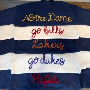 Adult Custom Hand Embroidered Sweater, Personalized Yarn, Name Word Sweater, Valentines Gift, Spring Sweater, Team Sweater, Team Custom Made