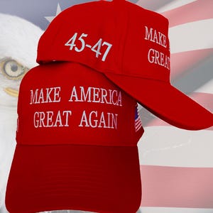 May include: Two red baseball caps with white embroidered text. The top cap says "45-47" and "MAKE GREAT". The bottom cap says "MAKE AMERICA GREAT AGAIN".