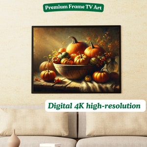 May include: A painting of a bowl filled with various sizes and colors of pumpkins. The bowl is made of wood and has a rustic appearance. The pumpkins are arranged in a pleasing way, with some overlapping others. The background is a soft, muted color, and there are some leaves and berries scattered around the bowl.