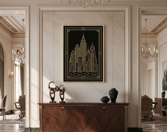 Impresión de paisaje urbano Art Déco: Arte mural geométrico en negro y dorado