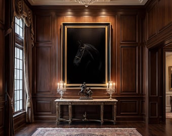 Arte mural del noble caballo negro ecuestre