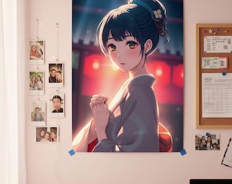 Arte mural japonés: Póster de chica de anime, decoración minimalista japonesa