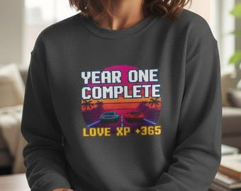 Sudadera del primer aniversario: Regalo para parejas gamers retro, Sudadera completa del primer año