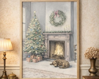 Decoración navideña vintage: Impresión artística en papel de archivo con opción de marco de roble