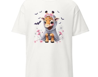 Camiseta de Halloween de Jirafa Boo: Pinky Preppy, con rosas, murciélagos y arañas