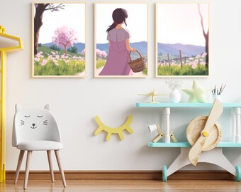 Conjunto de impresiones de chicas de anime: arte mural de manga japonés, decoración de flores de cerezo