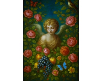 Póster de arte rococó: Ángel con frutas y coqueta, arte mural victoriano maximalista
