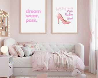 Decoración para cama: Láminas de arte parisino rosa, juego de dos piezas, opciones de marco