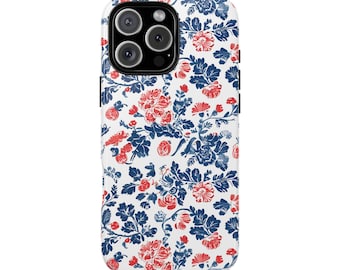 Funda para teléfono con diseño floral Cottagecore: flores azules y rojas, protección resistente