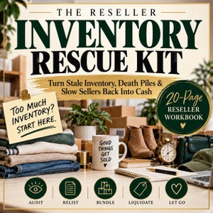 Op de afbeelding: De Reseller Inventory Rescue Kit bevat een werkboek van 20 pagina's. De tekst luidt: The Reseller Inventory Rescue Kit, Turn Stale Inventory, Death Piles & Slow Sellers Back Into Cash, Too Much Inventory? Start Here en Good Things Get Sold.