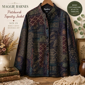 May include: A long-sleeve patchwork tapestry jacket in dark shades of navy blue, burgundy, and forest green. The jacket features a mandarin collar, a front button closure with five black buttons, and a complex, repeating geometric pattern.