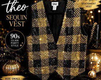 Chaleco vintage Theo Gold Black Sequin de los 90, sin mangas, con lazo en la espalda, ideal para fiestas y ocasiones especiales.
