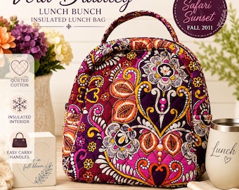 Lancheira térmica acolchoada Vera Bradley Safari Sunset com estampa floral paisley roxa, coleção outono 2011 (descontinuada)