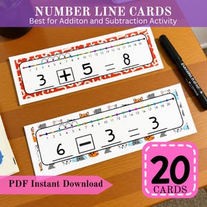 Pode incluir: Duas cartas de linha numérica com problemas de adição e subtração. As cartas têm uma borda vermelha e branca, com números de 1 a 20. O texto "NUMBER LINE CARDS" e "Best for Addition and Subtraction Activity" está no topo. Um cartão rosa diz "20 CARDS".