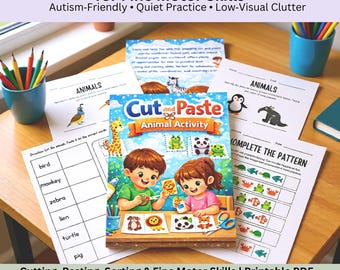 Cut and Paste Animal Activities for Fine Motor Skills | Autism‑Friendly Printable | Sensory‑Friendly Sorting Worksheets PDF (Ages 3–6)