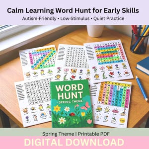 May include: A collection of word search puzzles with a spring theme, featuring colorful illustrations of flowers, butterflies, and ladybugs. The cover of the booklet reads "Word Hunt - Spring Theme". The text "Calm Learning Word Hunt for Early Skills" is at the top.