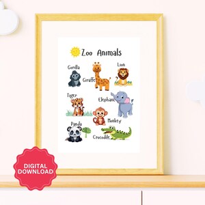Zoo Animals Poster, Montessori Materials, Montessori Educational Posters, Nursery Wall Decor, Playroom Decor, Pre-School, DIGITAL DOWNLOAD