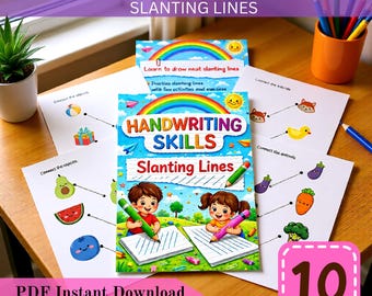 Könnte beinhalten: Ein Schreibübungsheft für Kinder mit dem Titel "Slanting Lines" mit Illustrationen von schreibenden Kindern. Das Cover zeigt "HANDWRITING SKILLS" und "Slanting Lines". Das Arbeitsheft enthält Übungsaktivitäten und ist ein PDF-Sofort-Download mit 10 Seiten.