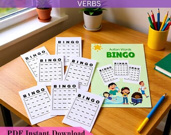 Verb Bingo Cards PDF – Action Words Bingo Game for Kids, ELA & ESL Classroom Activity, Printable Grammar Game, Instant Download