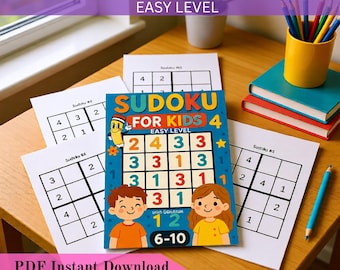 May include: A colorful Sudoku for Kids 4 book with easy level puzzles, featuring illustrations of a boy and girl. The book is surrounded by printed Sudoku puzzles and pencils in a yellow cup. The text "PDF Instant Download" is at the bottom.