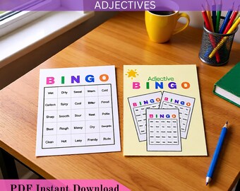 Adjective Bingo Game for Kids - 50 Adjective Words Printable Educational Game, Classroom Activity, Preschool & Homeschool Bingo Cards