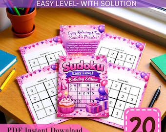 Birthday Sudoku Puzzle Book | Easy Level Sudoku PDF | 20 Pages Printable Sudoku with Solutions | Party Game Instant Download