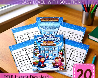May include: A set of Simple Sudoku for Kids workbooks with a winter theme, featuring a cover with cartoon children and penguins. The workbooks are labelled "Easy Level" and include a solution. The image also includes the text "PDF Instant Download" and "20 Pages."